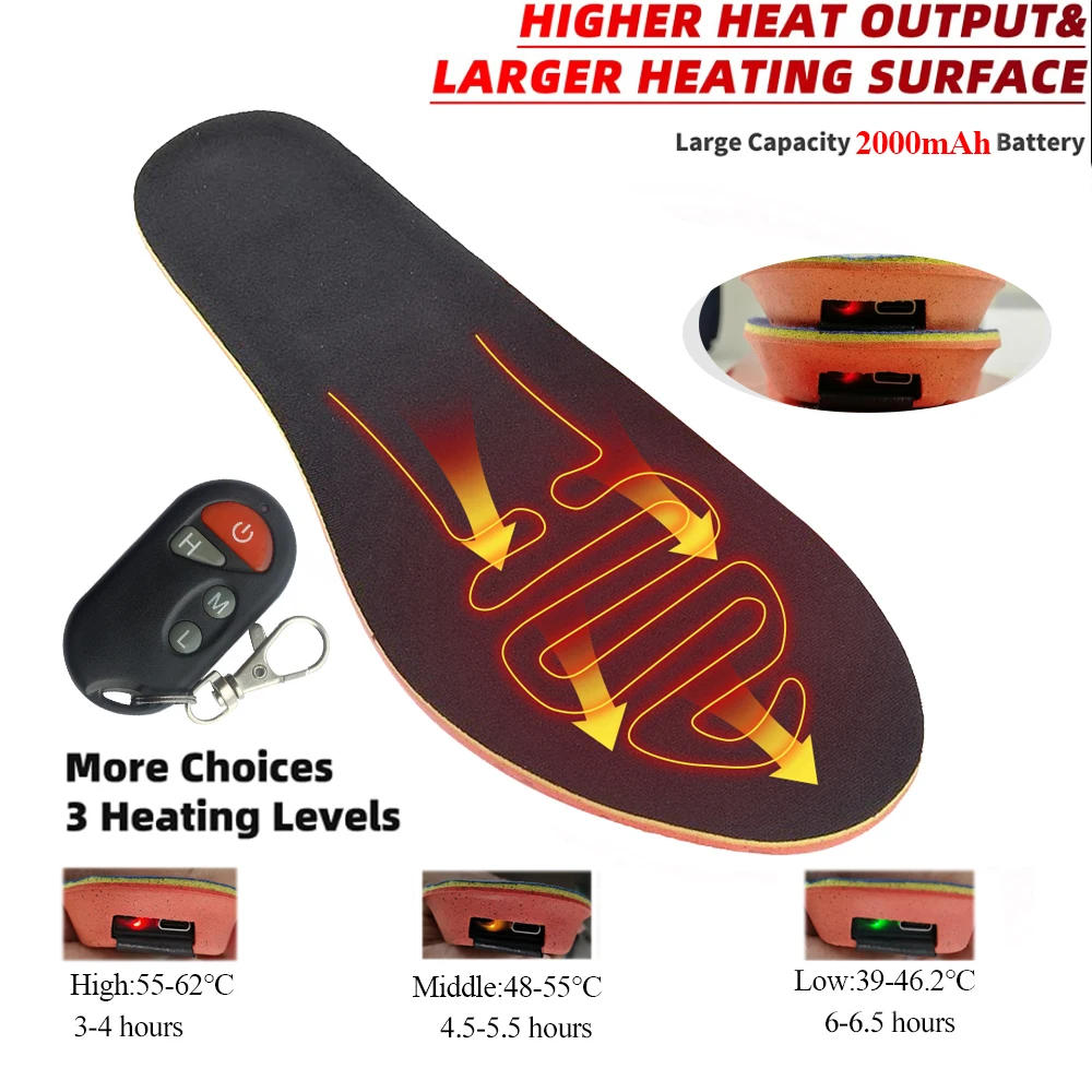 2000mah Heated Insoles Wireless Wireless Rechargeable Electric Thermal Soles Winter Foot Warmer Shoes Insert for Skiing Hunting
