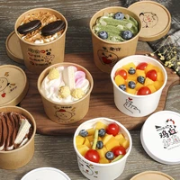 25pcs net red round ice cream cup disposable kraft paper bowl takeaway food packaging salad dessert cups with lids 12oz16oz