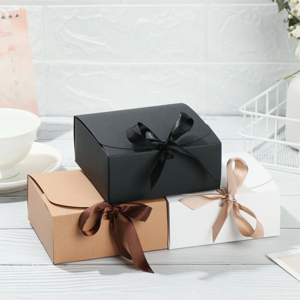 

10pcs White/Kraft/Black Gift Box Event & Party Supplies Packaging Wedding Birthday Handmade Candy Chocolate Box With Ribbon