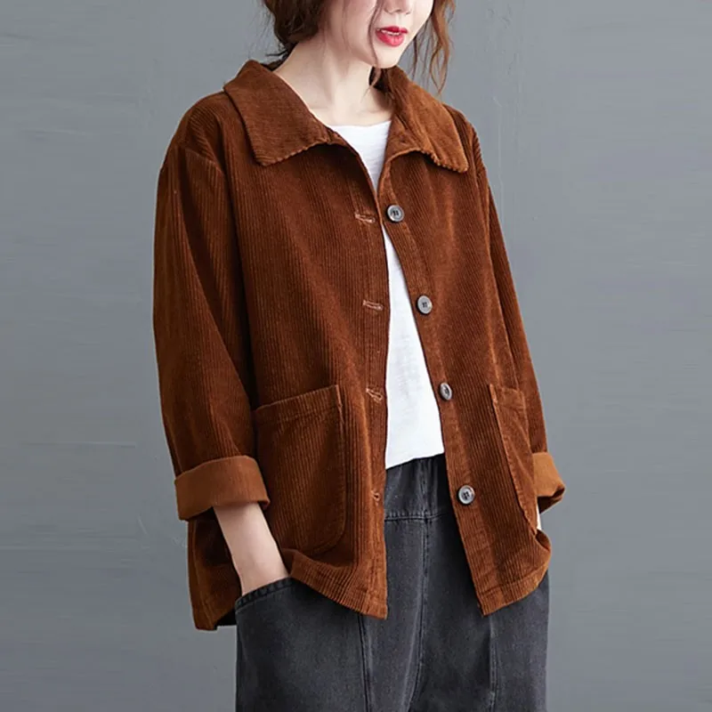 

Women Autumn Corduroy Casual Jackets New 2021 Simple Style Vintage Turn-down Collar All-match Loose Female Outerwear Coats