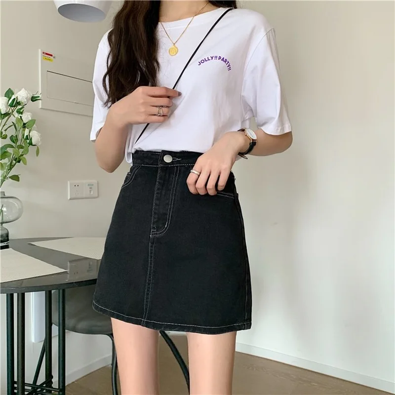 

Women Female Solid A-line Short Skirt All-match Streetwear 2021 Spring Summer New Korean High Waist Plus Size Black Denim Skirts