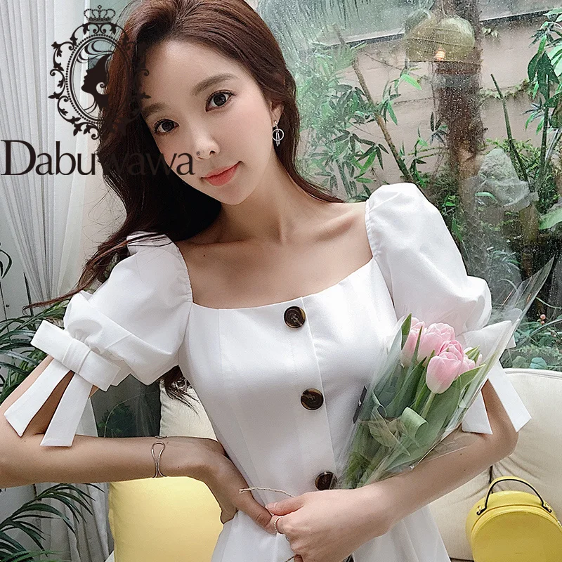

Dabuwawa Exclusive Summer White A-Line Dress Women Square Neck Single Breasted Bow Puff Sleeve Sweet Dress Ladies DN1BDR082