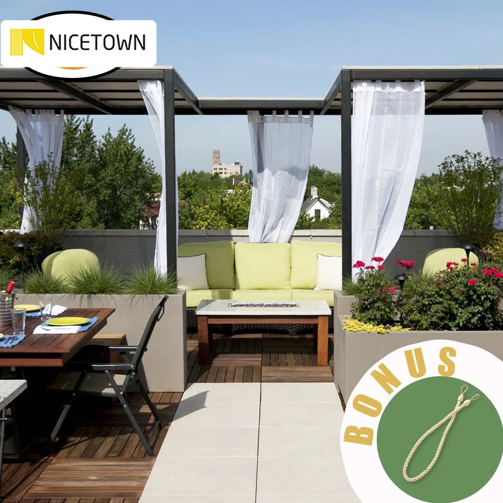 

NICETOWN Outdoor Linen Look Drape Curtain with Rope Water Resistant Tab Top White Semi-Sheer Voile Drape for Beach Garden Gazebo