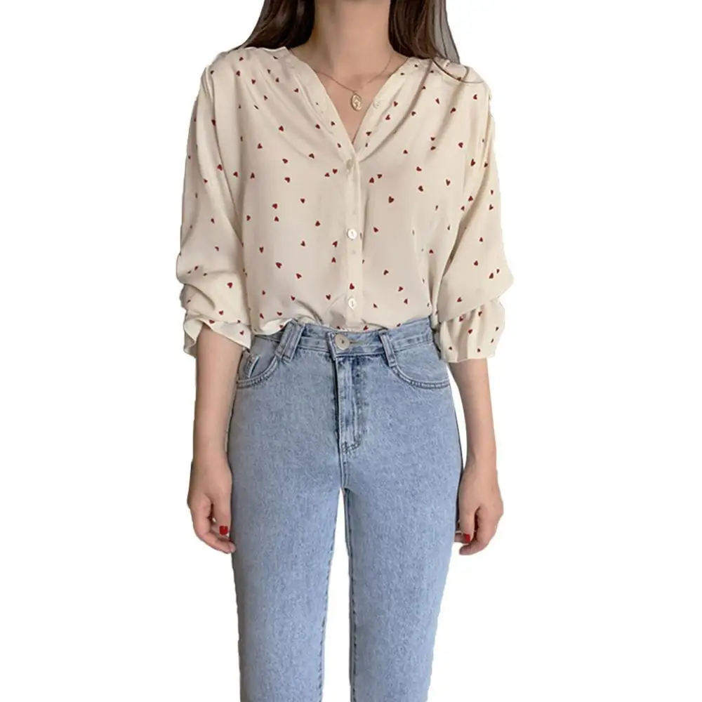 

Женская шифоновая блузка на пуговицах, свободная рубашка с длинным рукавом и V-образным вырезом, блузка с V-образным вырезом, 2021