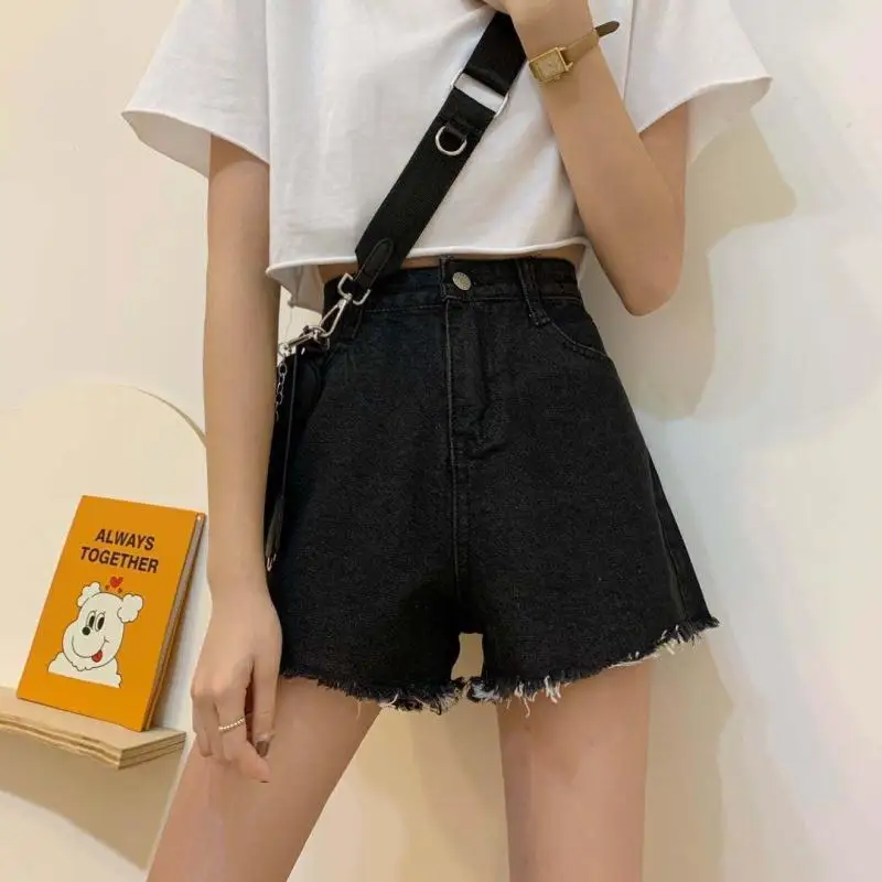 

YTX1864 Korean version of the 2021 new high-waisted and thin-washed women's black wide-leg shorts