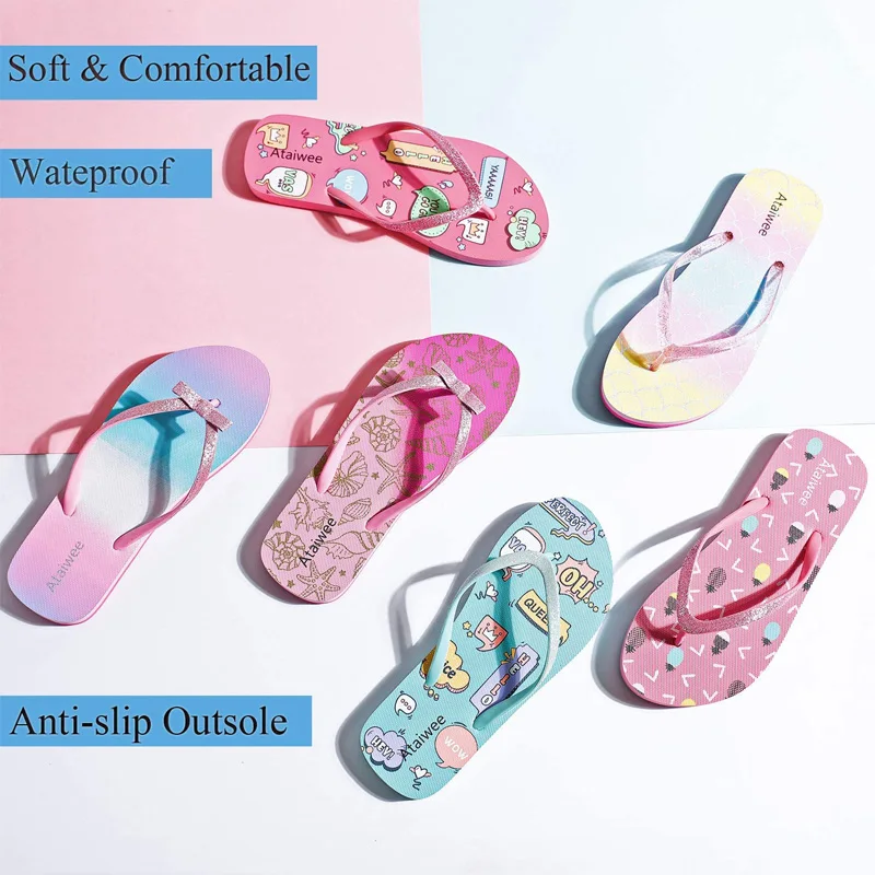 

Ataiwee Girls Flip Flop Sandals - Kids Slide Shoes Printed Bow Thong Poolside Pink for Little Kid/Big Kid.