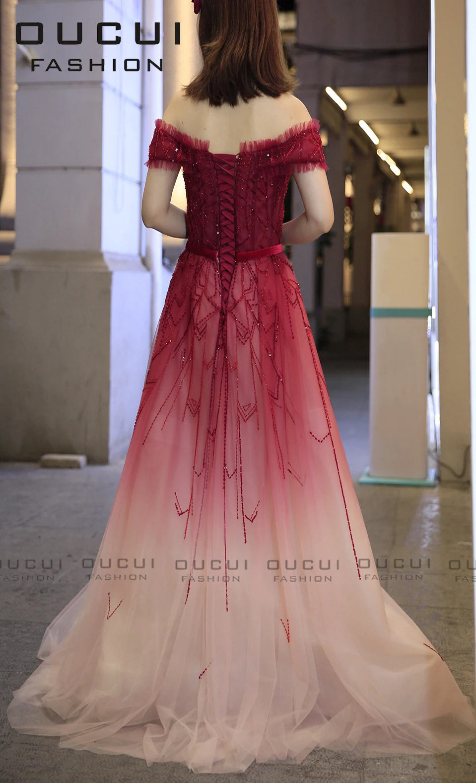 

2021 OUCUI Stylish Off Shoulder Prom Evening Dresses Beading Princess Dress Gradient Party Gowns OL103565