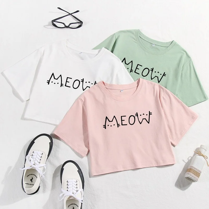 

Summer Women Crop Tops Cotton 100% Short Sleeve Cat Letter Print Fashion Casual Open Navel Clothes Ladies Round Collar Tees Tops