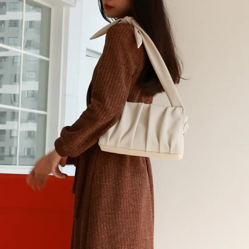 OUSSON New Design Small Square Leather Underarm Bag Exquisite Female Retro Fold Bag One Shoulder Handbag
