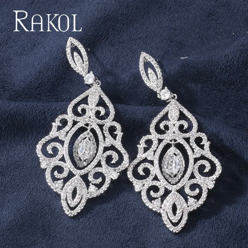 RAKOL Роскошные кубический цирконий, геометрической формы полный Мирко Асфальтовая Длинные Висячие серьги для элегантных дам Для женщин Свадебные украшения RE21866