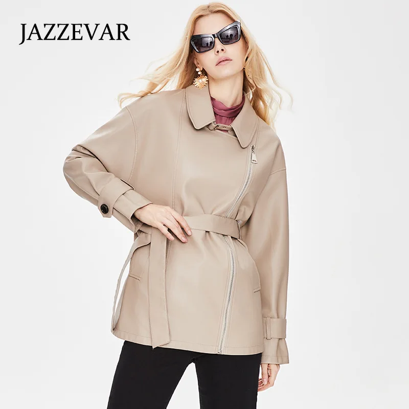 JAZZEVAR 2021 Autumn New British Style Retro Classic Gun Collar Design Mid-length PU Leather Jacket
