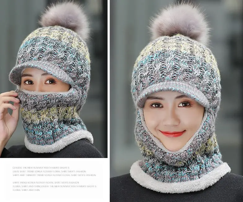 2019 женская зимняя вязаная шапочка красочные наушники шляпы с окантовкой мех pom