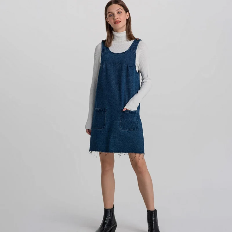 Женские Карманы повседневные джинсовые платья Дамские без рукавов платье на
