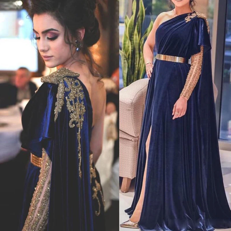 

Designer Navy Blue One Shoulder Abric Dubai Evening Dresses Sequined Velvet Gold Belt Formal Dress Side Split Long Prom Gowns