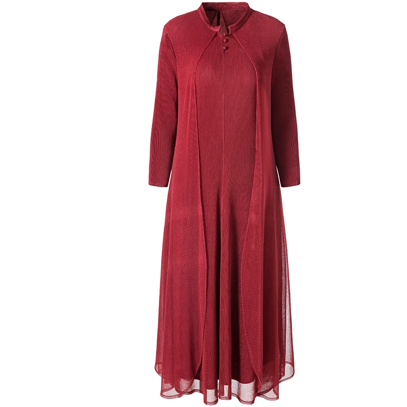 

Plus Size Red Dress For Women 45-75kg Spring Summer New Elastic Miyake Pleated Round Neck Loose Fake two piece Dress