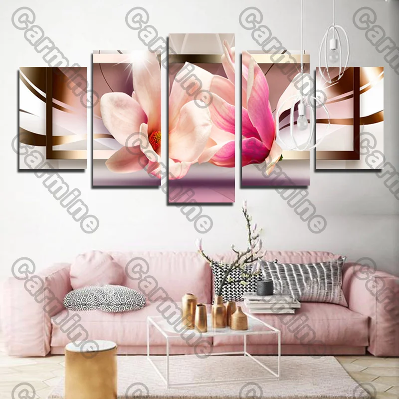 

Poster Two Pink Flowers Flash Canvas Painting 5Pcs Posters Painting Wall Art Decoration for Living Room and Bedroom Frameless