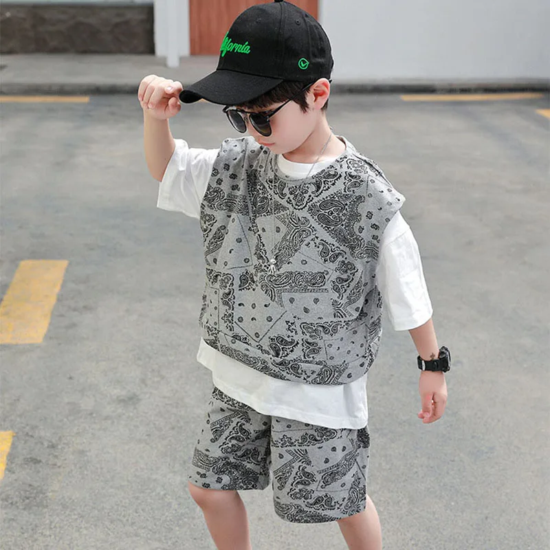 

MILANCEL 2021 Summer New Kids Set Boy Sets T-shirt Print Vest and Shorts 3Pcs