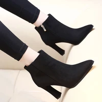 new 2021 concise flock women boots zipper square high heel solid pointed toe shoes party dance ankle boots black size 34 40