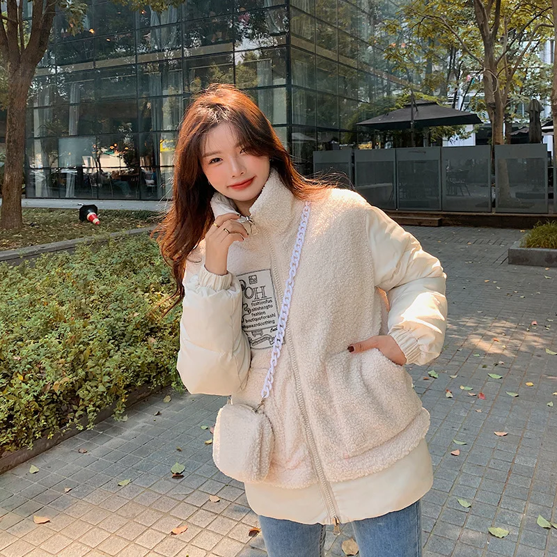 2021 Winter Short Down Padded Jacket Women Stand-up Collar Casual Winter Outwear Jacket Parkas Lamb Hair Stitching Warm Coat