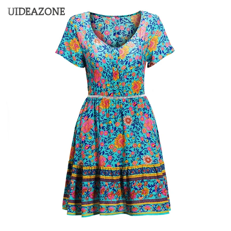 

UIDEAZONE Boho Floral Print Women Dress Bohemian V Neck Slim Beach A Line Mini Dresses Femme Summer Sundress Vestido Beachwear