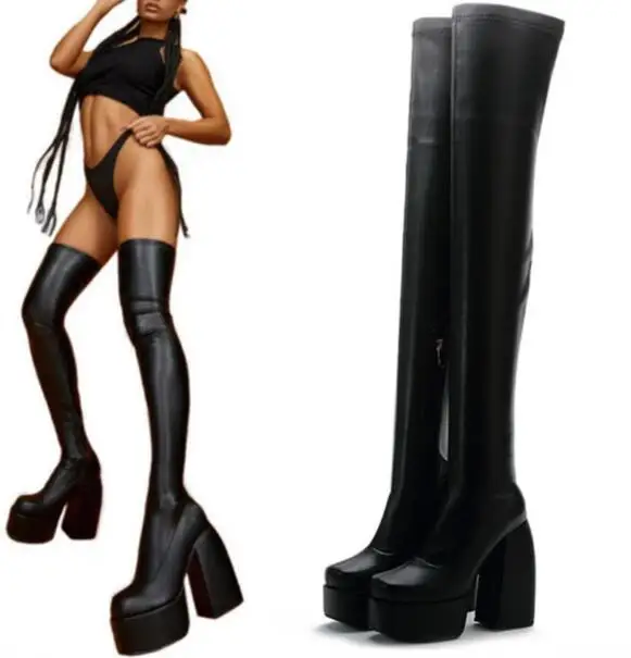 

Black Leather Square Toe 5 CM Platform Over The Knee Thigh Boots Woman 125 MM Chunky Heels Slim Elastic Long Botas Shoes