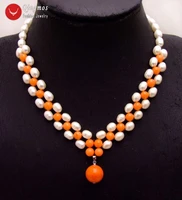 qingmos 7 8mm rice natural white pearl necklace for women orange coral handwork weaving pendants necklace 17 chokers nec6188