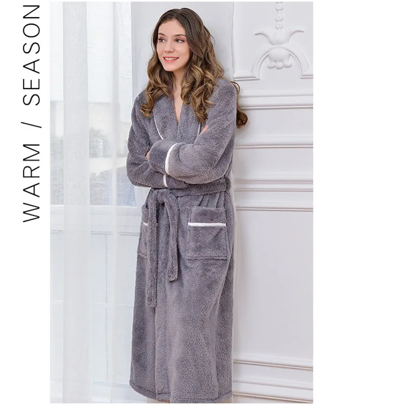 Gray-Women Winter Thick Warm Couples Kimono Robe Women Men Bath Gown Robe Dress Fluffy Plush Flannel Lovers Yukata Nightwear Sleepwear - Цвет: Gray-Women