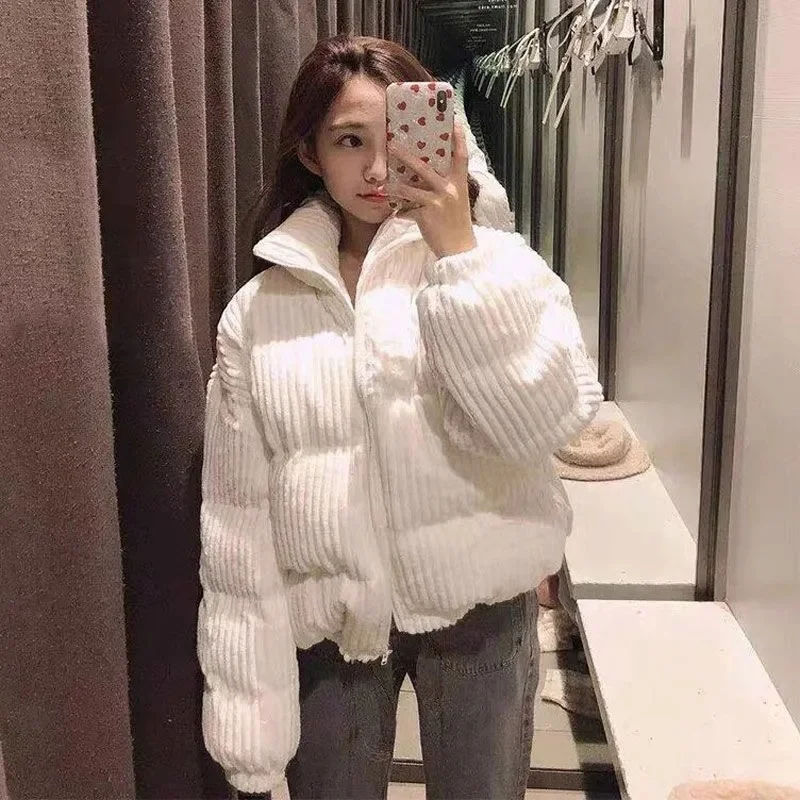 

Corduroy Jacket Women Winter Warm Cotton Padded Coat Zipper Solid Color Stand Collar Short Parkas Chic Loose Bread Outerwear