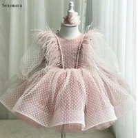 cute dusty pink baby girl dresses tiered tulle feather kid birthday princess dresses child dress kid party gowns with bow