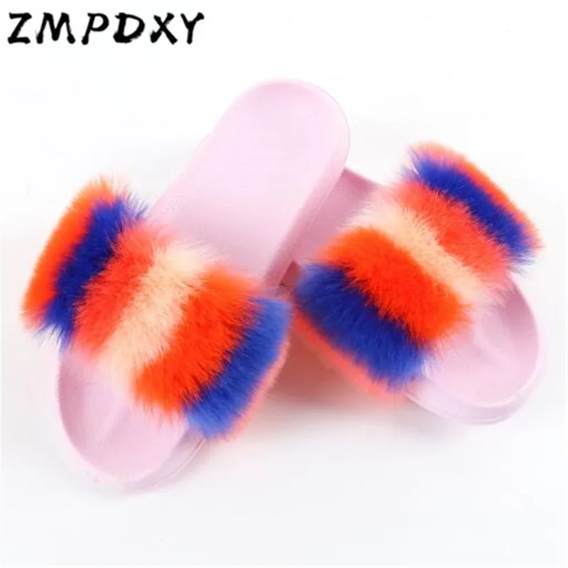 

Ladies Faux Raccoon Fur Slippers Women's Faux Fox Fur Slides Furry Flip Flop Female Fluffy Beach Sandals Girl's Plush Home Shoes
