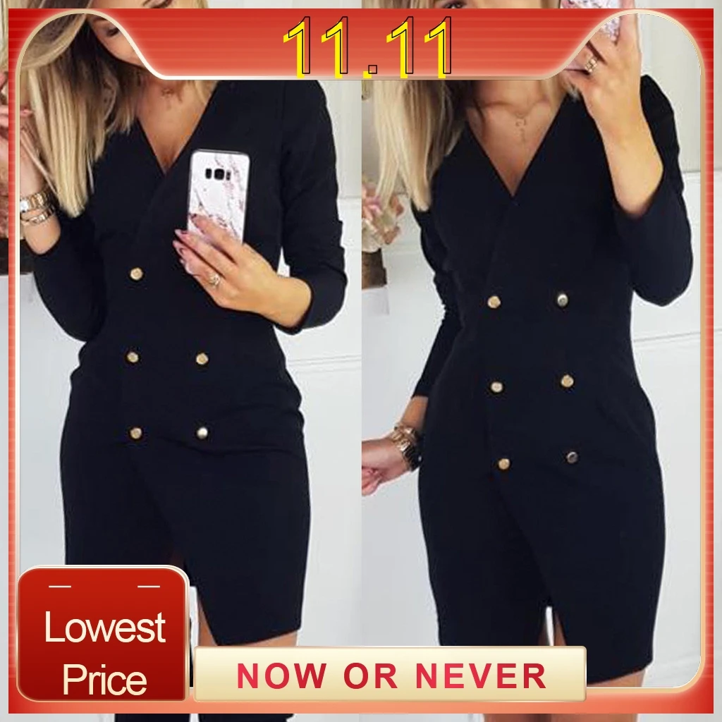 Однобортное офисное платье карандаш для женщин осень 2019 с поясом разрезом футляр