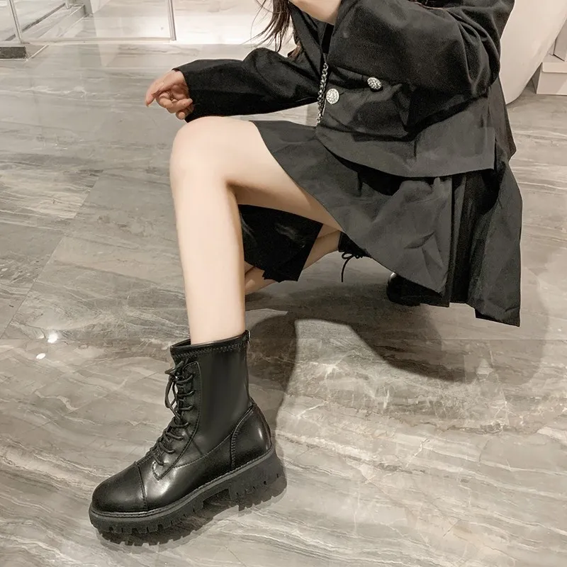 TGHDOF 2021 Leather Lace Up Zipper Knee High Boots Square Heel Autumn Winter Women Shoes Casual Round Toe Long Boots Size34-43