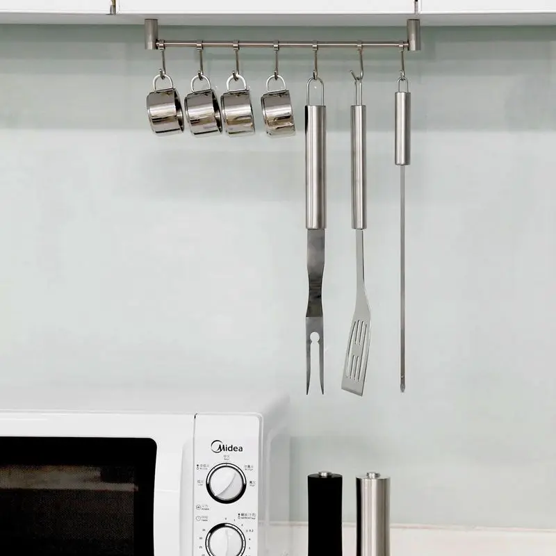 

Rail Rack Wall Mounted Utensil Hanging Rack Stainless Steel Hanger Hooks for Kitchen Tools Pot Towel 7 Sliding Hooks