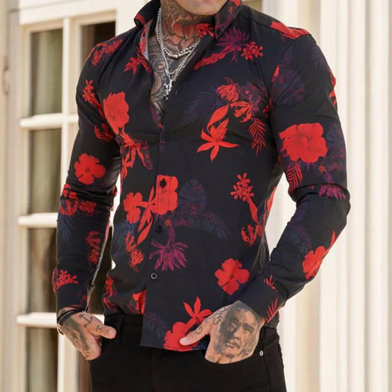 

Autumn Long Sleeve Casual Tops Mens Vintage Floral Printing Slim Fit Shirts For Men 2021 Fashion Turn-down Collar Buttoned Shirt