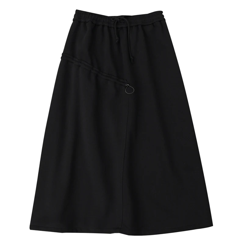 

[EAM] High Elastic Waist Black Thick Zipper Drawstring A-line Half-body Skirt Women Fashion Tide New Spring Autumn 2021 1DD1695