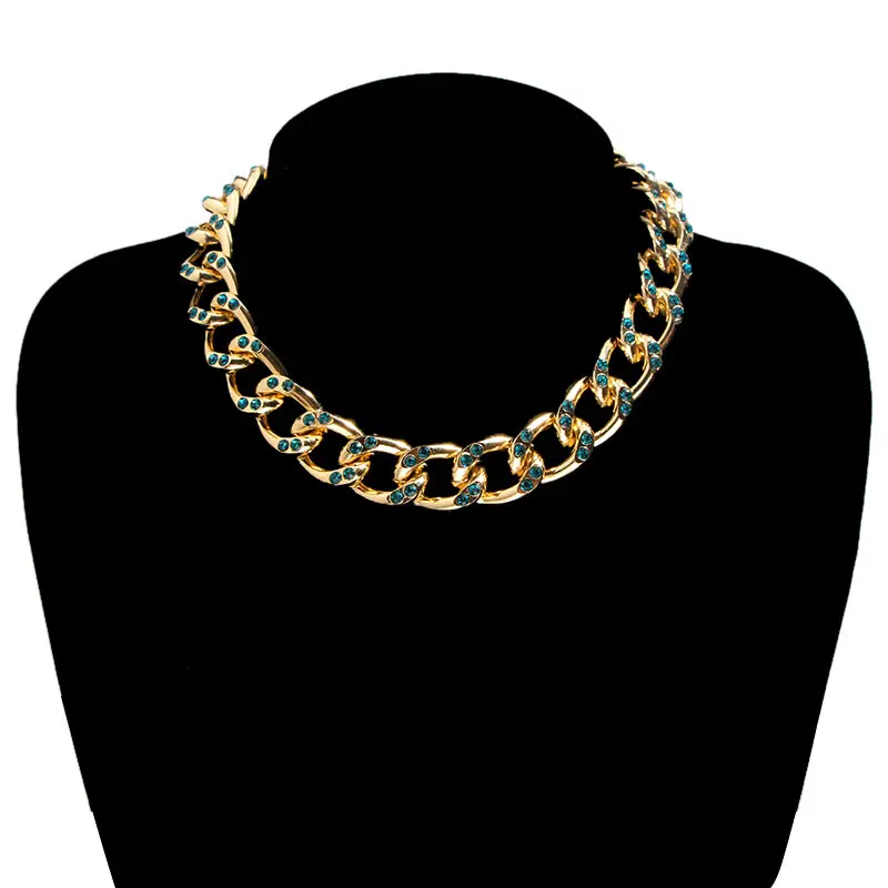 

JUST FEEL Hip Hop Necklaces With Blue Shiny Crystal Rhinestone Gold Color Chunky Chain Statement Necklace for Mens Women Jewelry