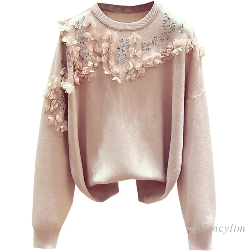 

2020 Autumn and Winter Heavy Embroidery Sequins Three-Dimensional Flower Pink Wool Sweater Women's Knitwear Jumper