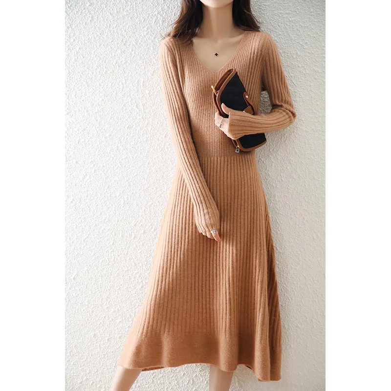 Women's Knitted Over-The-Knee Dress, Pure Wool Mid-Length, Waist Slimming, Fashionable Long-Sleeved Bottoming, Elegant V-Neck