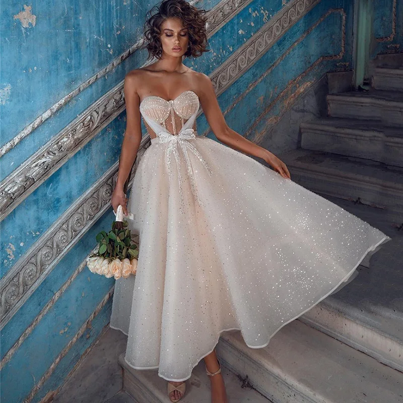 

Eightree Sexy Wedding Dress Short Shiny Bridal Dresses Tea Length Beach Wedding Gowns Bow Sweetheart Vestido de Noiva Curto
