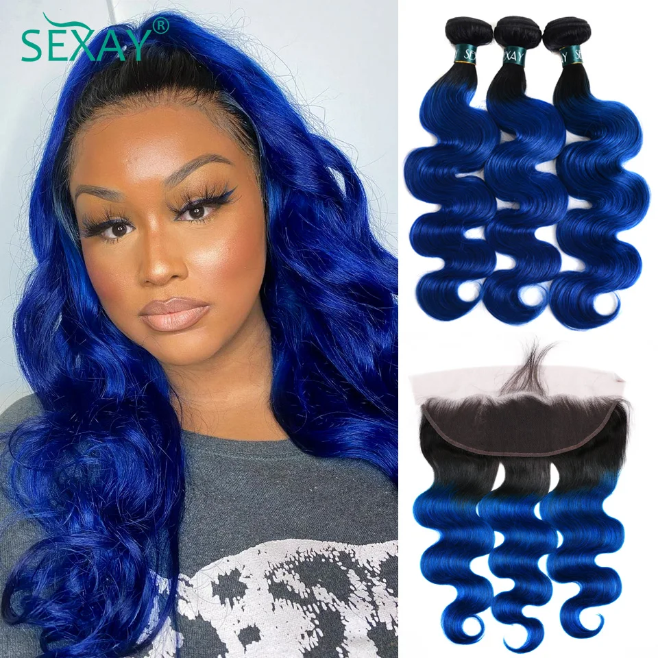 Sexay Blue Body Wave Bundles With Frontal Remy Peruvian Human Hair Weave Extensions 28 Inch 1B Blue Ombre Bundles With Frontal