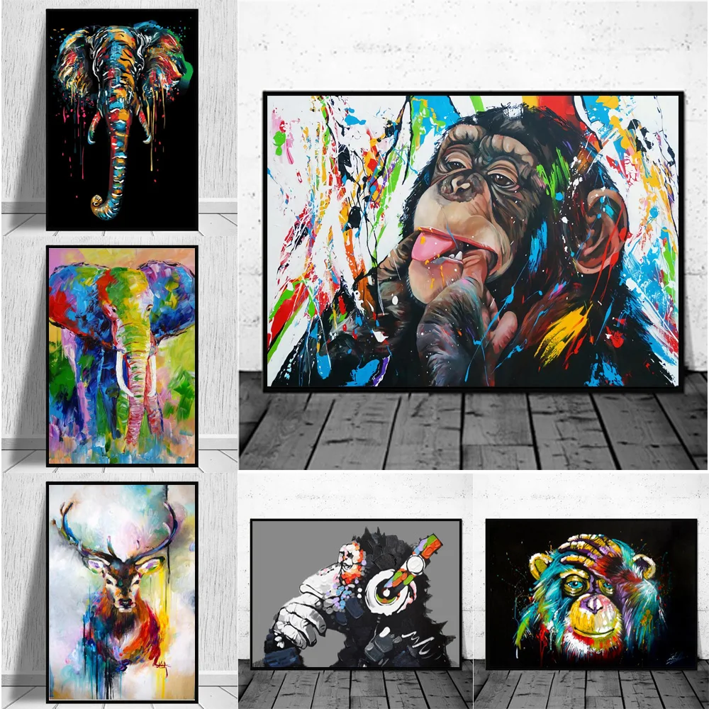 

Abstract Watercolour Animal Oil Painting On Canvas Wall Art Monkey And Elephant Posters And Prints Home Decor Wall Pictures