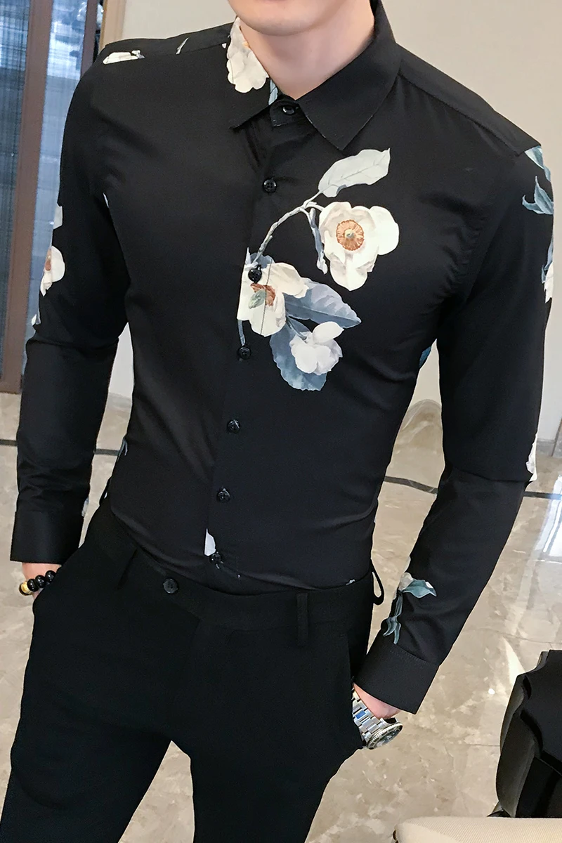 

2019 Designer Flower Shirts Men Long Sleeve Shirt Casual Slim Fit Streetwear Social Shirt Mens Formal Dress Shirts Chemise Homme