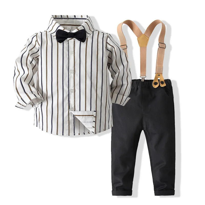 

Весенне-осенний костюм для маленьких мальчиков в полоску, комбинезон для малышей, штаны на подтяжках, комплект одежды с бантом, повседневны...