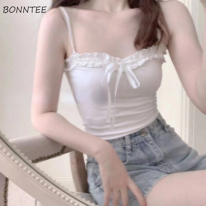 

Camisole Womens Summer Elegant All-match Simple New Chic Sexy Female Vintage Soft Bow Japanese Style Solid Daily Fashion Leisure