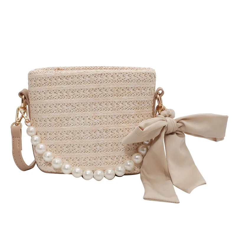 Соломенная Сумка-мешок с жемчугом Плетеный шелковый шарф сумка-мессенджер на
