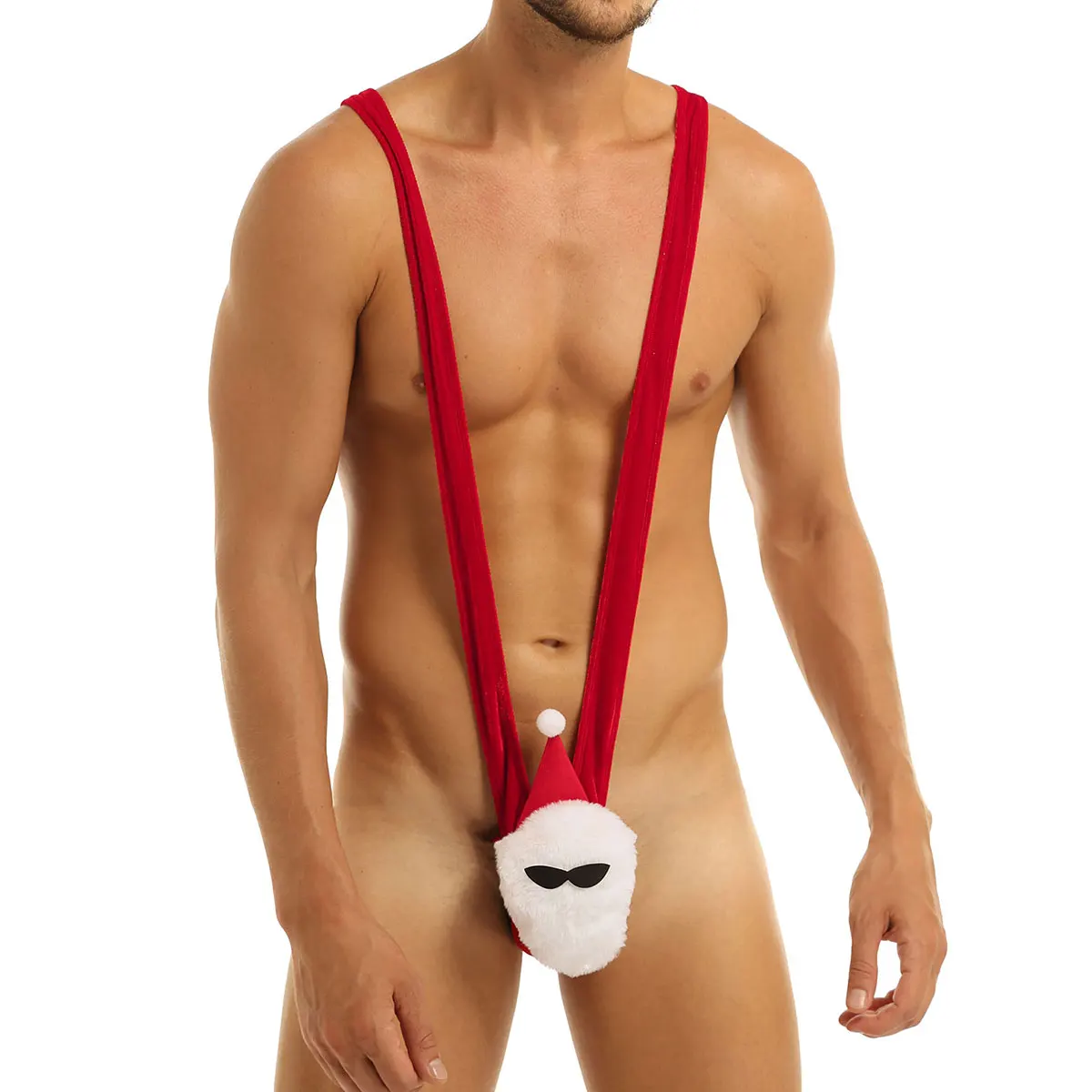 

Mens Christmas Lingerie Velvet Signlet Wrestling Santa Look Bulge Pouch T-back Thongs Leotard Sleeveless Deep V-shaped Catsuit