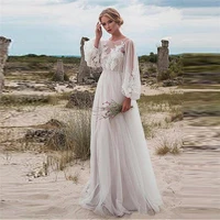 scoop neck flare sleeves lace appliques women wedding dress long sleeves tulle soft 2021 bridal gowns spring simple