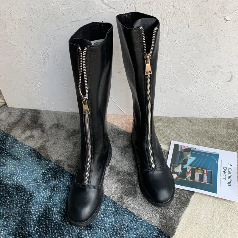 Botas Mujer/кожаные ботинки на молнии женские ботинки на низком каблуке Женская обувь на платформе женские ботинки до середины икры г. Zapatos De Mujer