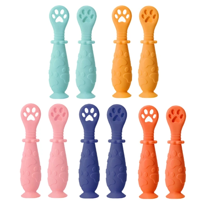 

2Pcs/Set Baby Learn Spoon Set Short Easy Spoon Cartoon Silicone Teether Infant Anti-slip Feeding Training Utensils Table