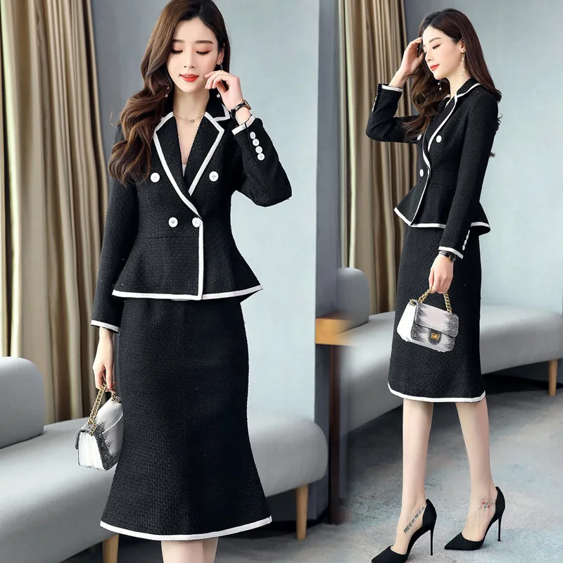 Женский твидовый костюм с юбкой элегантный двубортный шерстяной пиджак средней